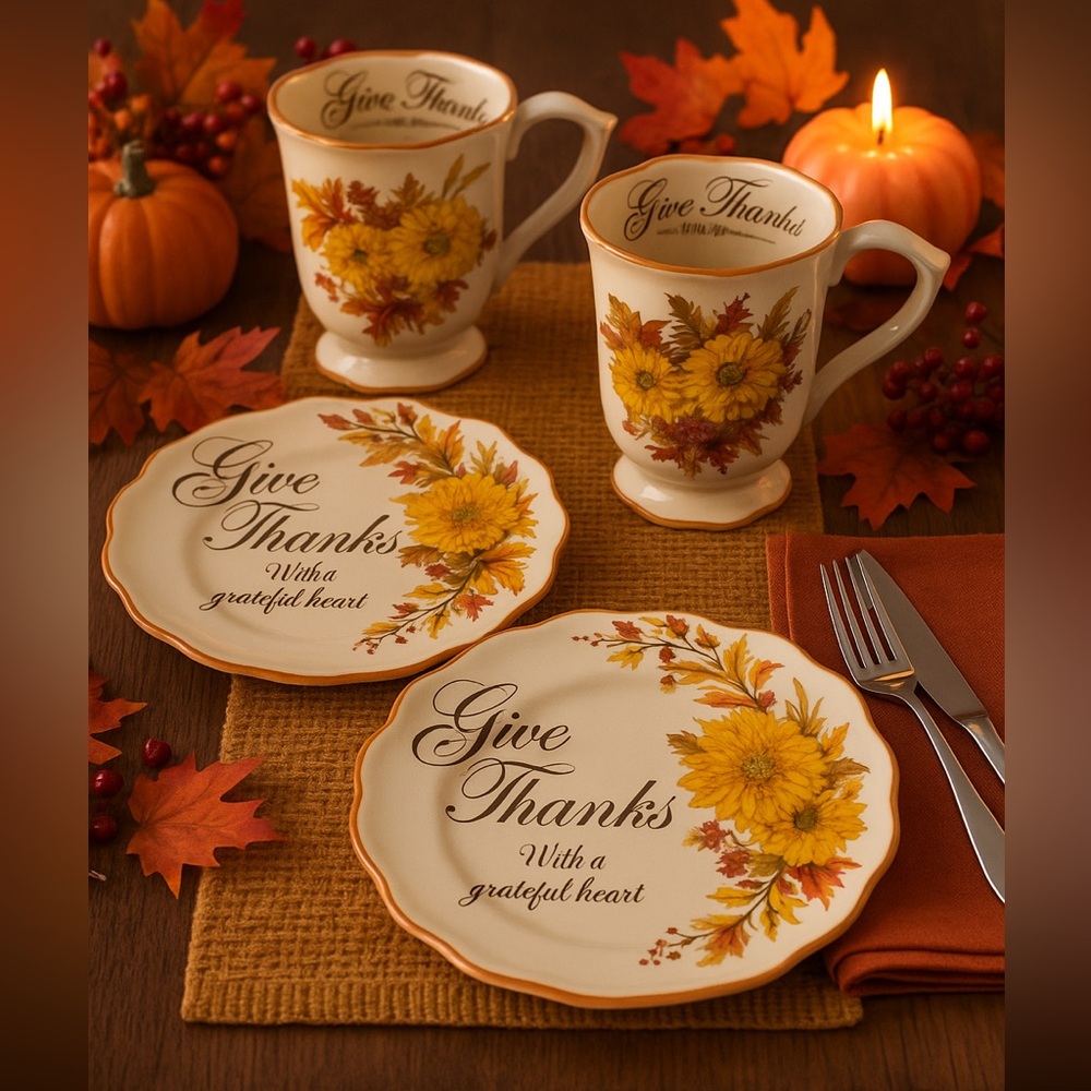 Cracker Barrel Harvest Floral “Give Thanks” Mug & Plate Set – Thanksgiving Fall